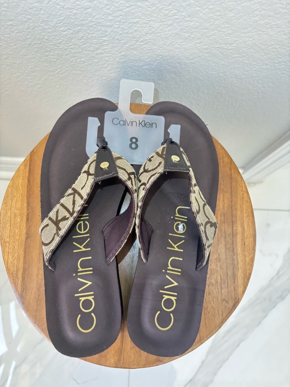 Calvin Klein Brown Logo Canvas Wedge Thong flip flop Sandals platform NWT - Picture 5 of 12